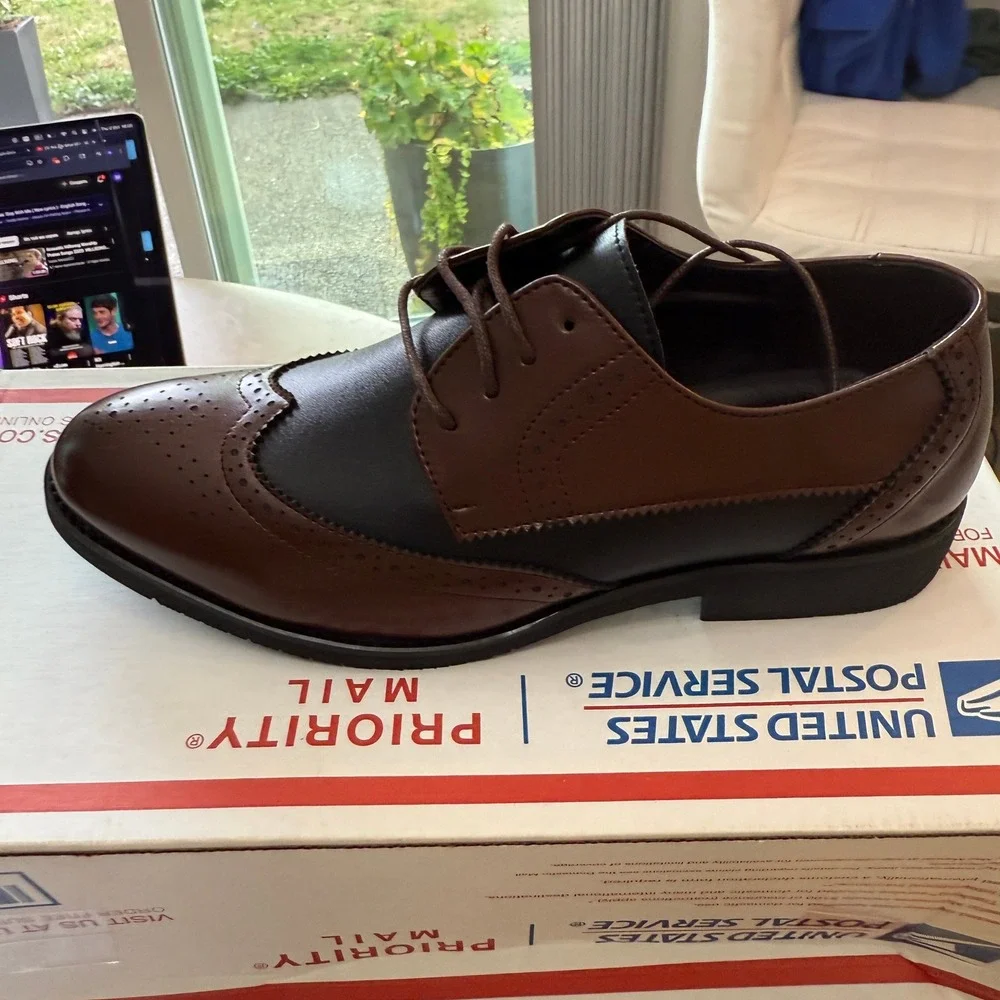 Santimon‎ Men's US 7.5 Brown Black Wingtip Lace Up Derby Pointed Toe Shoes